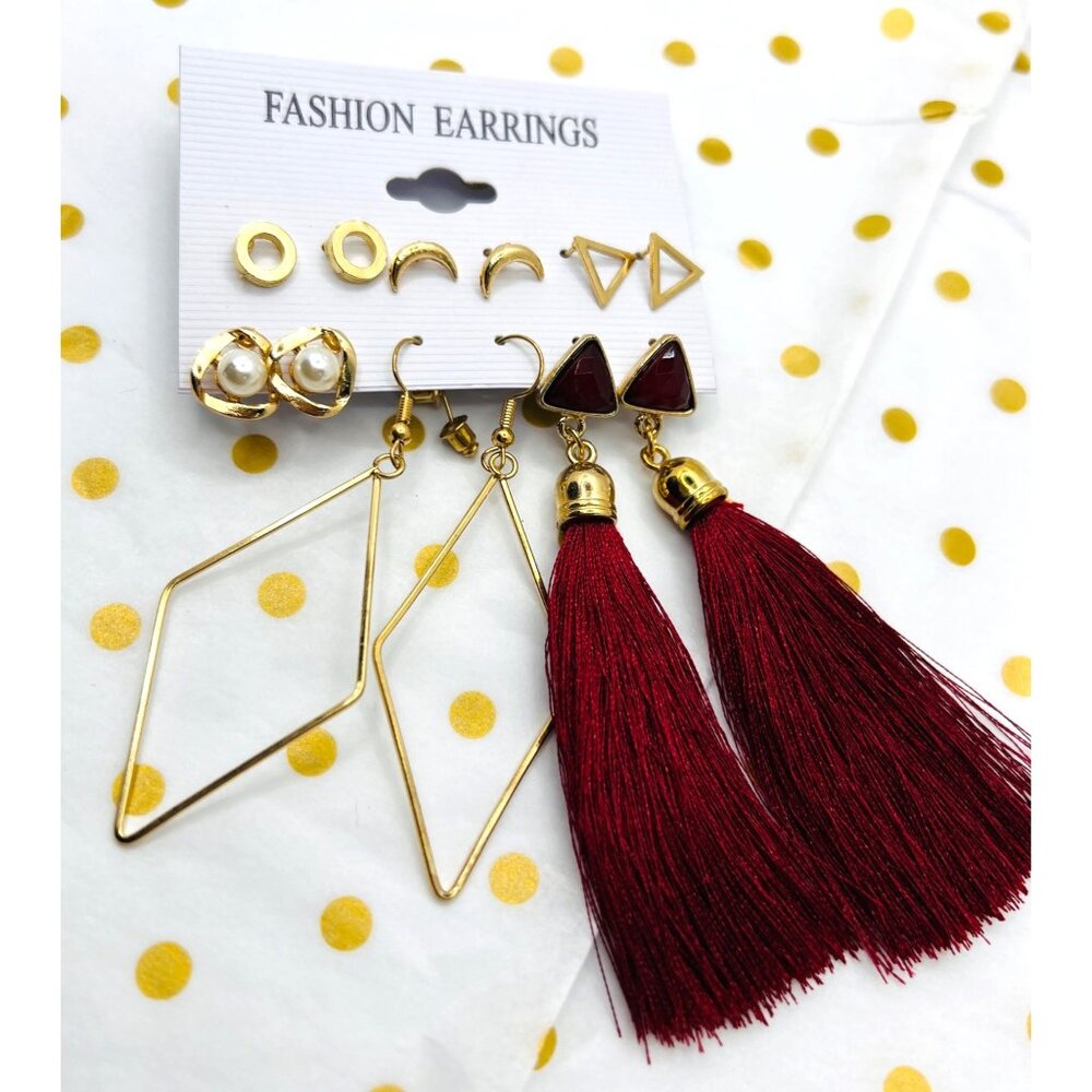 Set Of 6 Geometric & Tassel Fashion Earrings In Gold & Red Fashion Jewelry